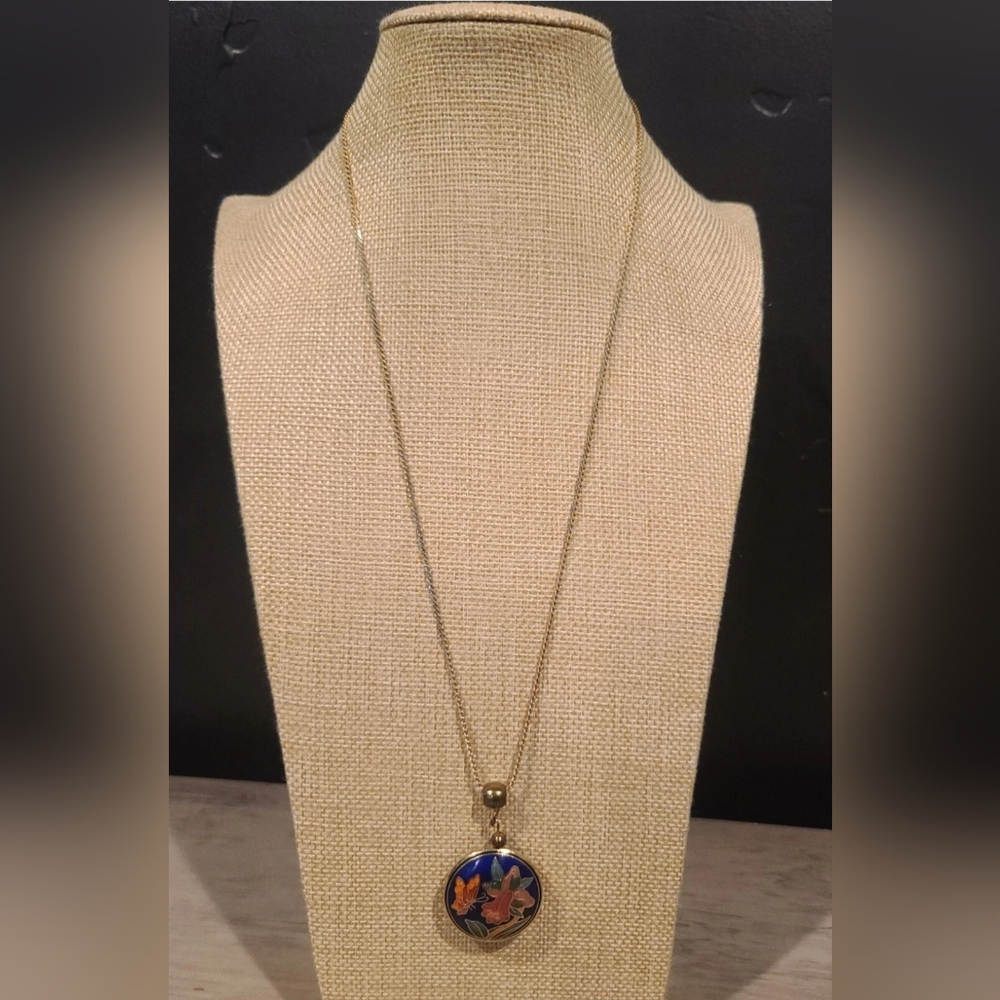 Cloisonné Enamel Butterfly & Flower Gold Tone Round Pendant Necklace ~ Read